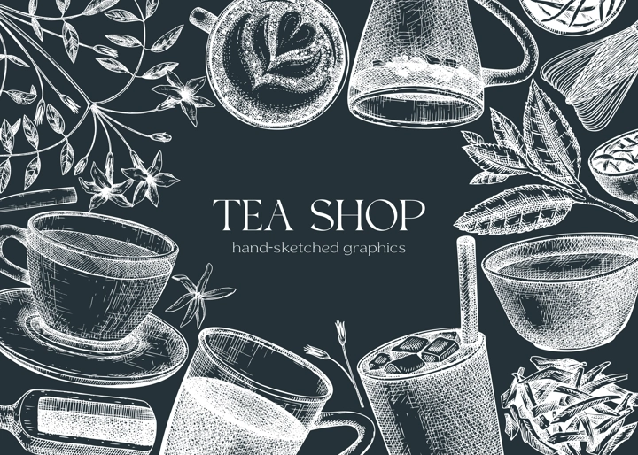 Hand sketched tea drinks and ingredients banner. Vintage teacups, glasses, leaves, flowers hand drawings background. Tea beverages design on chalkboard. Perfect for recipe, menu, label, packaging. 